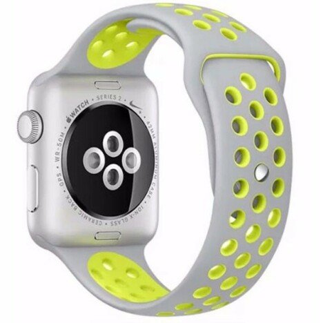 Curea iUni compatibila cu Apple Watch 1/2/3/4/5/6/7, 38mm, Silicon Sport, Argintiu/Galben